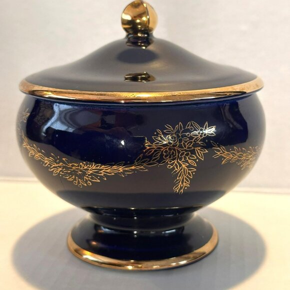 Cobalt Blue & Gold Lidded Porcelain Vanity Dish With Floral Design Made In Japan - Picture 5 of 9